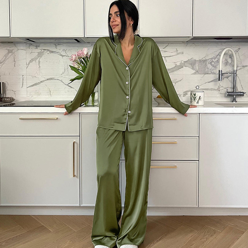 Autumn Satin Long Sleeved Trousers Pajamas Loose Artificial Silk Ladies Homewear