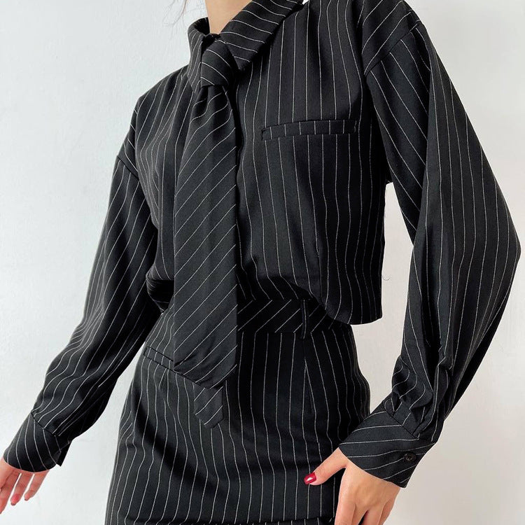 Striped Long Sleeve Tie Shirt Outfit Package Hip Skirt Women Two Piece Set Office Women Clothing Early Spring