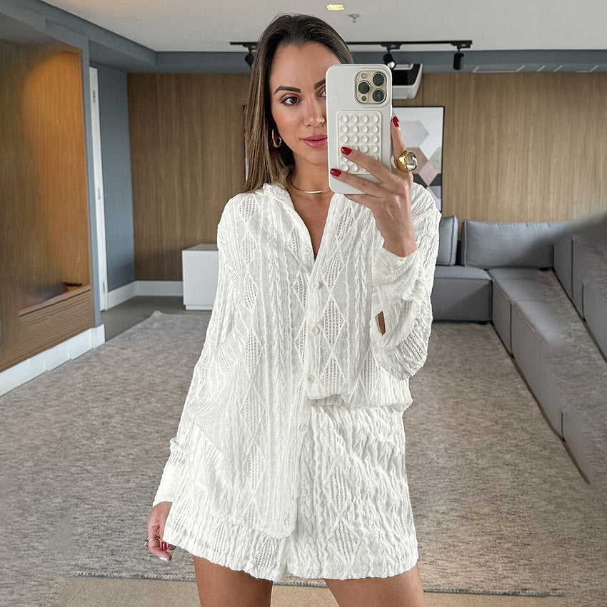 Spring Summer Women Pajamas Knitted Jacquard Cardigan Long Sleeve Shorts Pajamas Home Wear Outer Wear