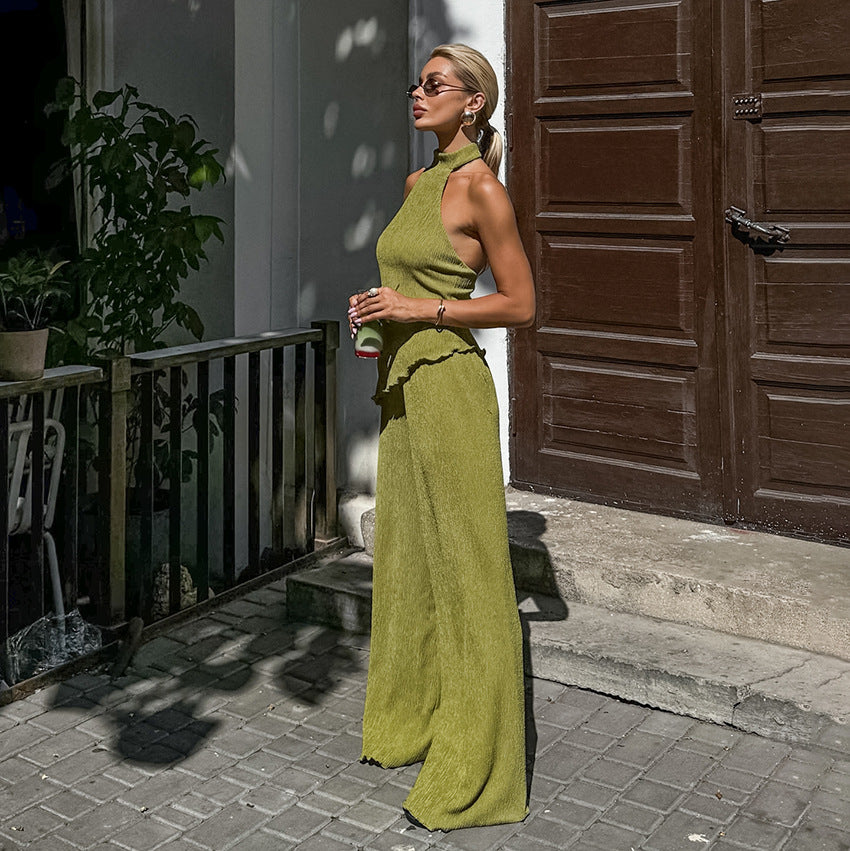 Spring Summer Design Green Sleeveless Halter Vest Wide Leg Pants Two Piece Set Office Women