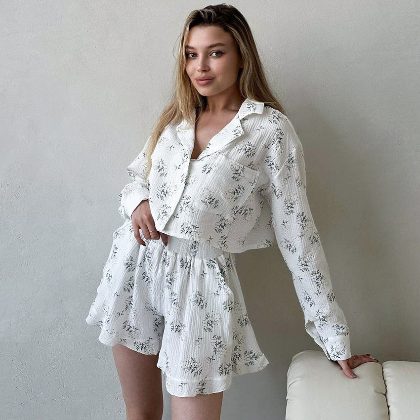 Spring Summer Long Sleeve Shorts Pajamas Crepe Cotton Print Loose Women Outer Home Wear