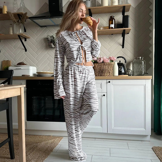 Autumn Knitted Pajamas Lace Up Cardigan Long Sleeve Pants Loose Striped Two Piece Set Ladies Homewear