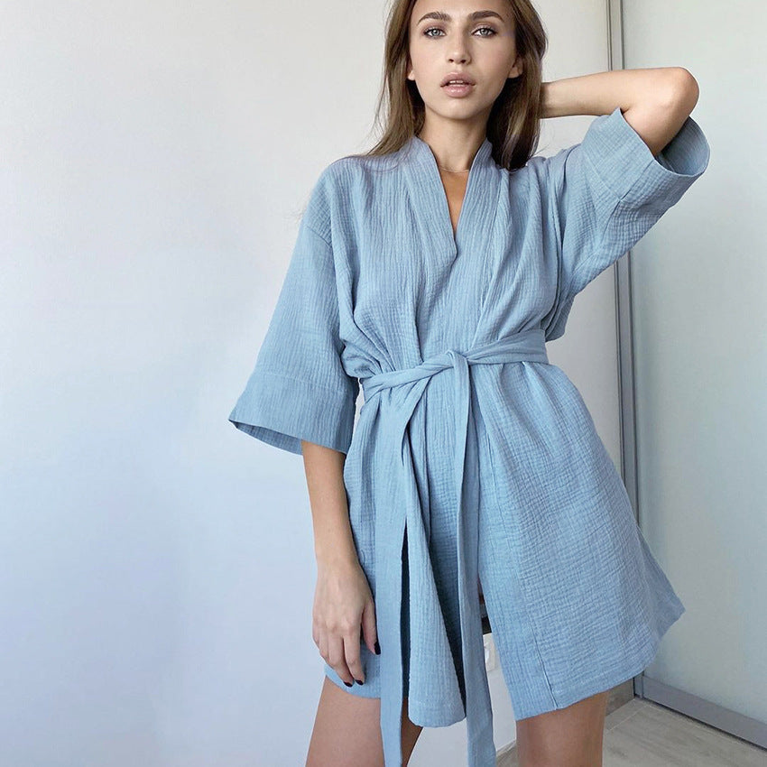 Spring Pure Cotton Casual Home Nightgown Short Cardigan Double Layer Gauze Simple Women Pajamas