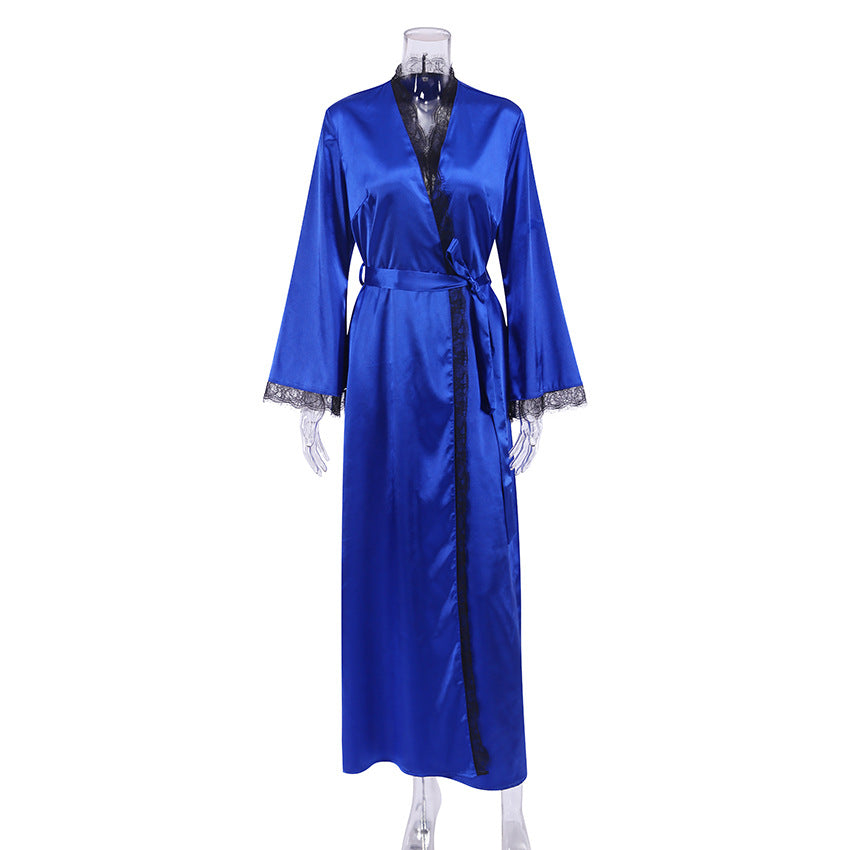 Early Spring Satin Satin Long Cardigan Strap Stitching Nightgown Solid Color Casual French Women Pajamas