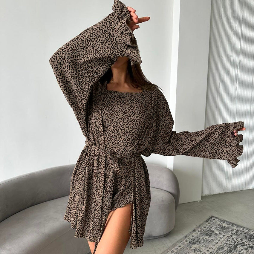 Summer Cool Feeling Leopard Print Long Sleeve Nightgown Suspender Shorts Three Piece Knitted Home Wear Women Can