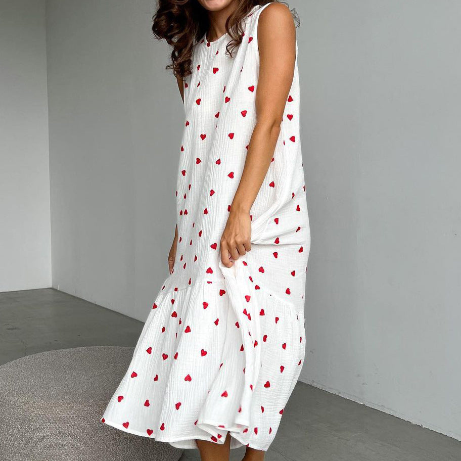 Suspenders Round Neck Nightdress Heart Printing White Pajamas Spring Crepe Cotton Homewear Ladies