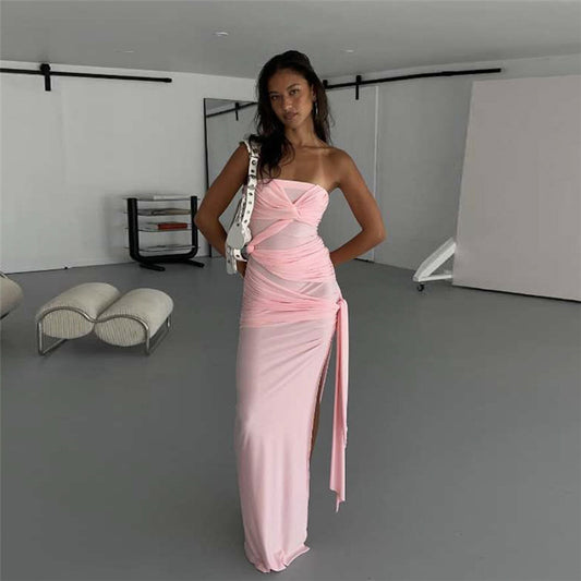 Spring Women Clothing Sexy Twisted Backless Side Slit Tube Top Solid Color Dress