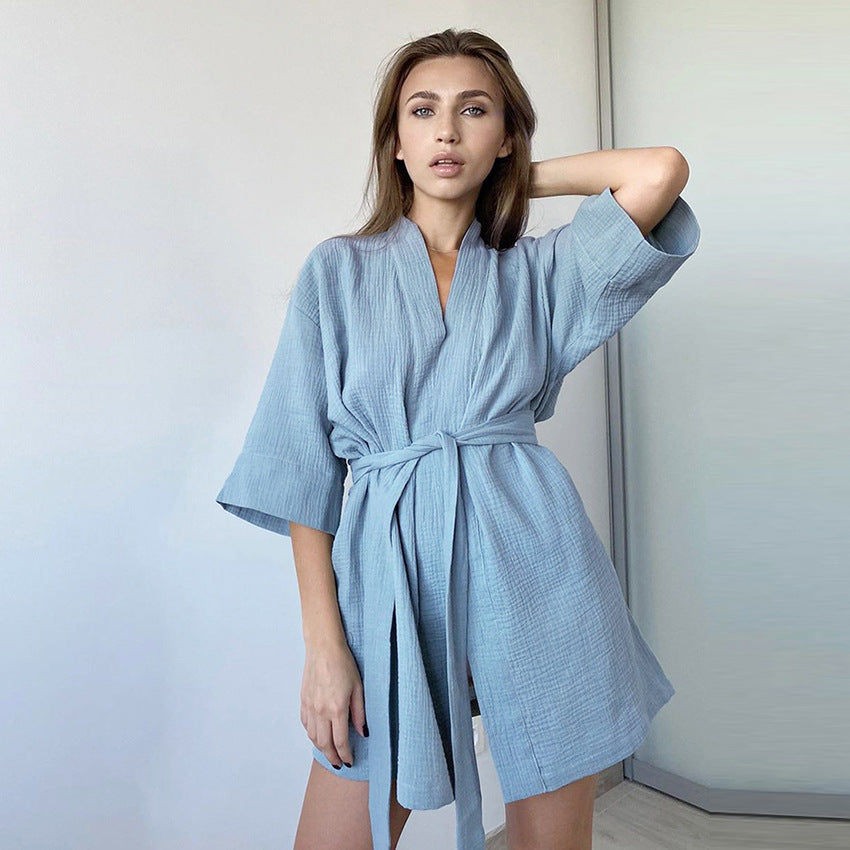 Spring Pure Cotton Casual Home Nightgown Short Cardigan Double Layer Gauze Simple Women Pajamas