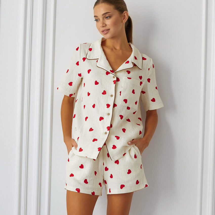 Autumn Sexy Love Five Quarter Sleeve Pajamas Shorts Suit French Soft Silky Home Wear Women Clothing