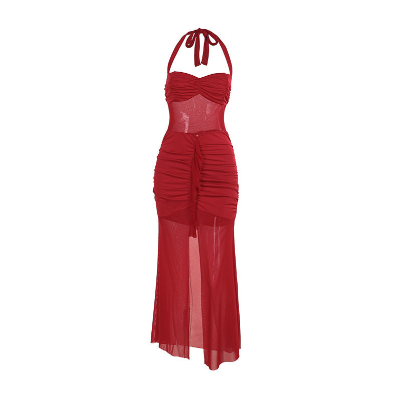 Autumn Sexy Mesh Stitching Pleated Slit Hemline Dress Women