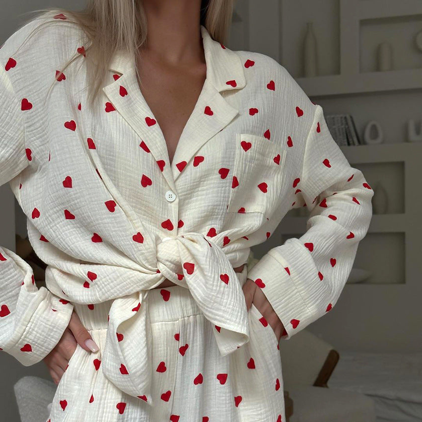 Autumn Heart Printing Cotton Pajamas Two Piece Cardigan Double Crepe Ladies Homewear