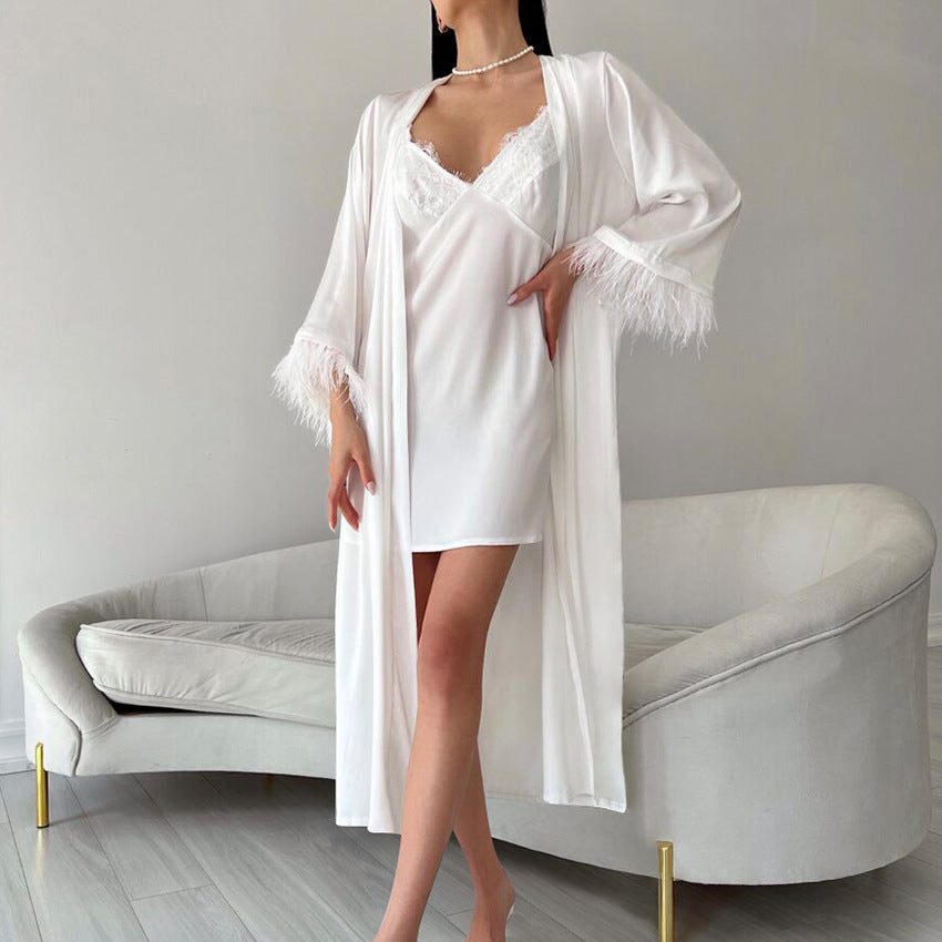 Satin Comfortable Loose Home Wear Women Autumn Stitching Feather Sleeve Nightgown Nightdress Two Piece Sets