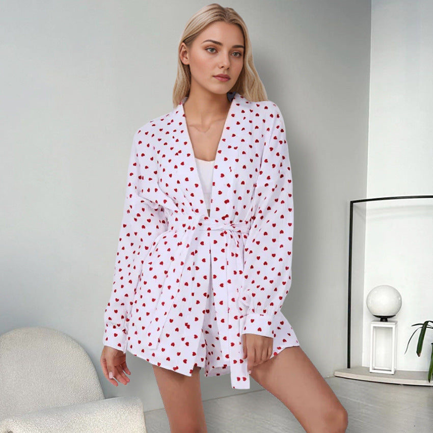 Pure Cotton Ladies' Homewear Heart Printing Nightgown Shorts Two Piece Set Spring Thermal Pajamas