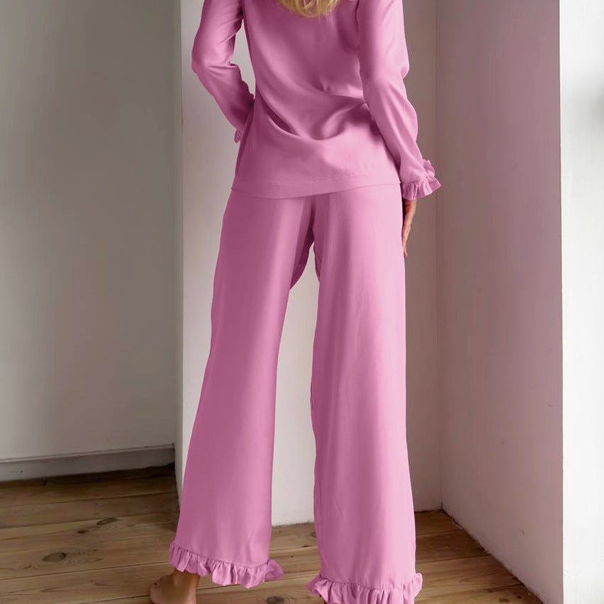 Autumn Ruffled Long Sleeved Trousers Casual Ladies Homewear Loose Comfortable Cardigan Pajamas