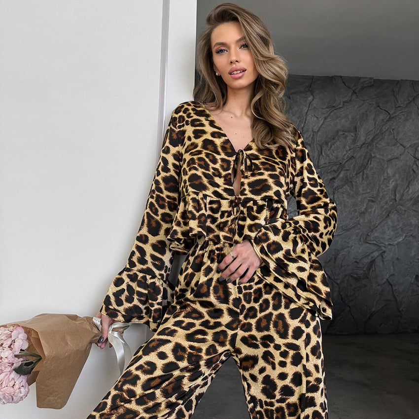 Autumn Artificial Silk Leopard Print Ruffled Home Wear Can Be Worn outside Long Sleeved Trousers Cardigan Pajamas