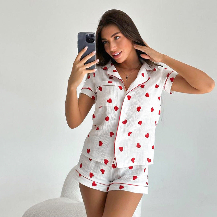 Spring Pure Cotton White Heart Printing Cardigan Short Sleeve Pajamas Two Piece Shorts Ladies Homewear