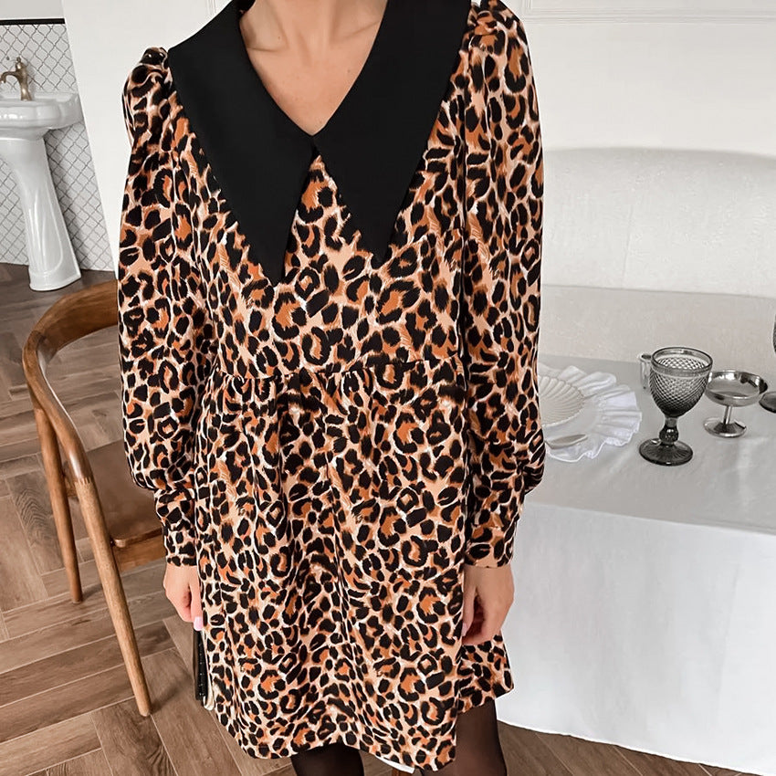 Autumn Pajamas Leopard Print Nightdress Stitching Long Sleeve Short Women Home Wear