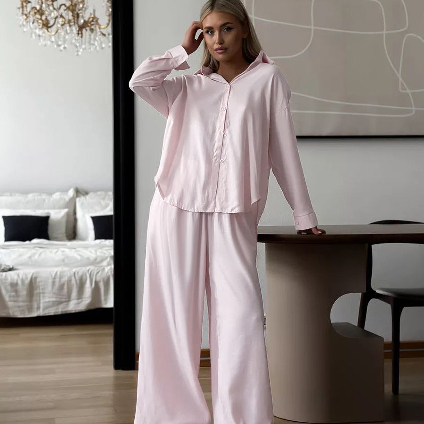 Solid Color Cardigan Loose Casual Pajamas Two Piece Cotton Linen Long Sleeved Trousers Home Wear Women Can