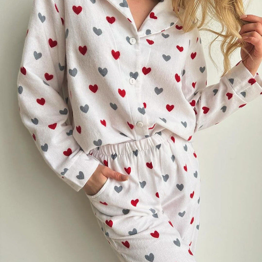 Fall Heart Printing Contrast Color Long Sleeved Trousers Two Piece Soft Knitted Pajamas Women