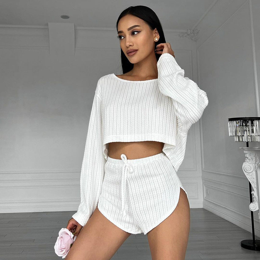 Spring White Knitted round Neck Ladies Homewear Loose Casual Breathable Pajamas Two Piece Sets