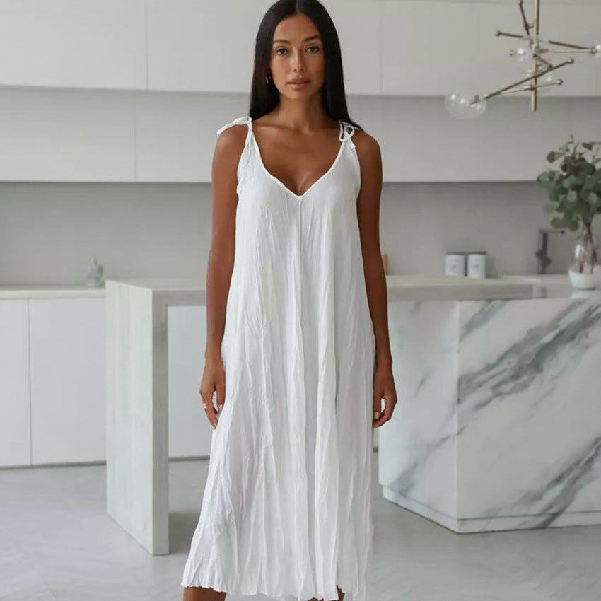 Ladies White Loose Idle Long Slip Nightdress Casual Comfortable Outerwear Homewear