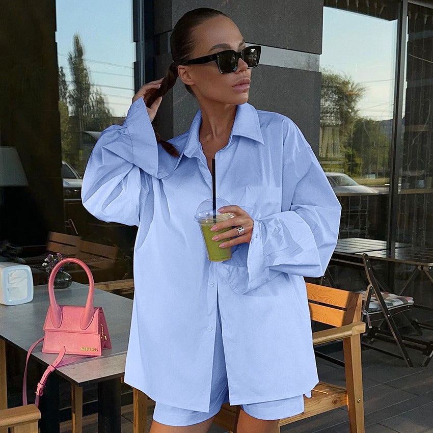 Autumn Blue Cardigan Long Sleeve Shirt Shorts Ladies Homewear Casual Comfortable Pajamas Two Piece Set