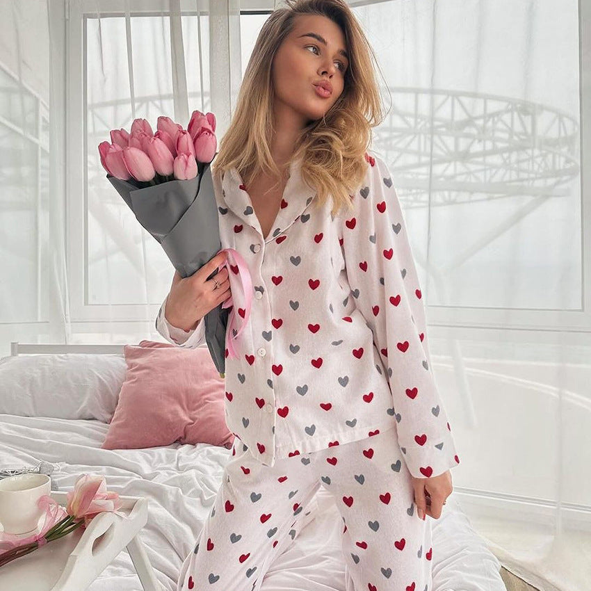 Fall Heart Printing Contrast Color Long Sleeved Trousers Two Piece Soft Knitted Pajamas Women