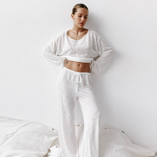 Sexy White Long Sleeve Trousers Pajamas Two Piece Set Homewear