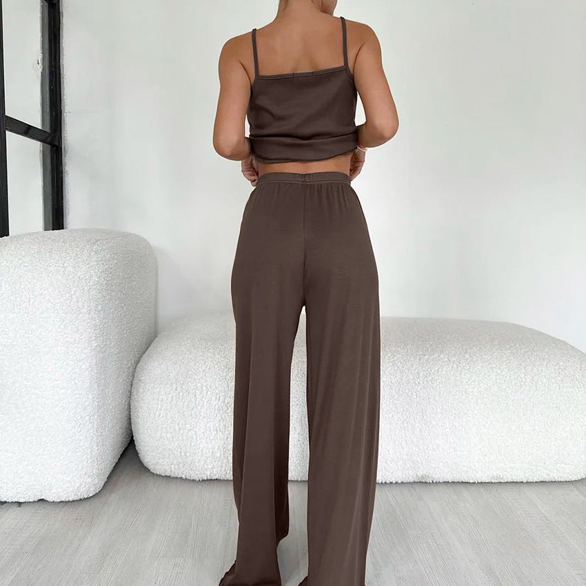 Casual Comfortable Knitted Suspender Trousers Pajamas Women Simple Loose Home Wear