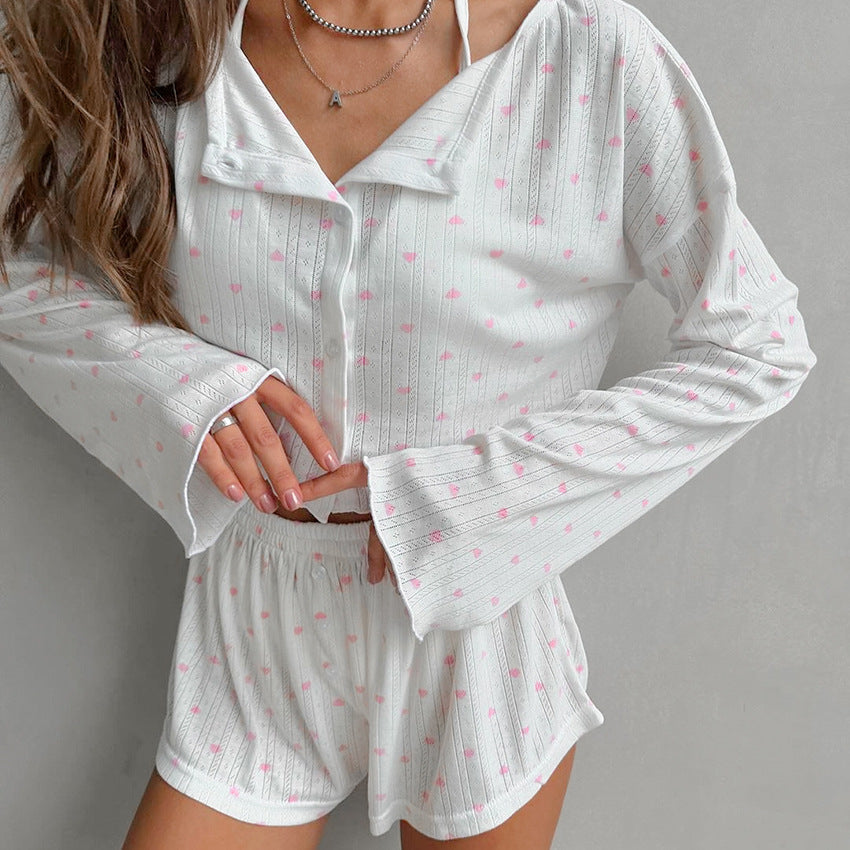 White Knitted Fabric Jacquard Heart Printing Pajamas Three Piece Set Braces Long Sleeve Shorts Ladies Homewear