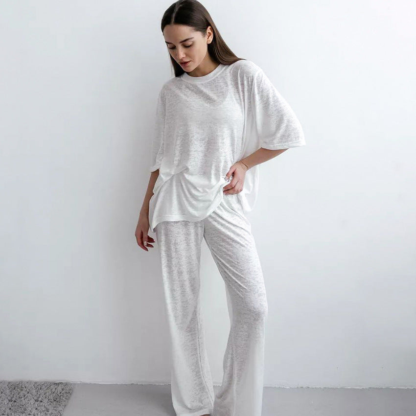 Summer See Through Knitted Half Sleeve Trousers Loose Two Piece Suit Home Wear Women Breathable Soft