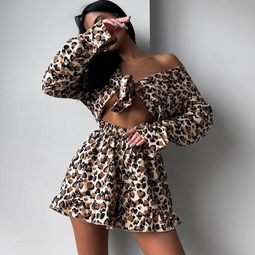 Fall Thin Type Leopard Print Home Wear Women Long Sleeve Spaghetti Strap Ruffle Shorts Three Piece Suit Skin Friendly Breathable