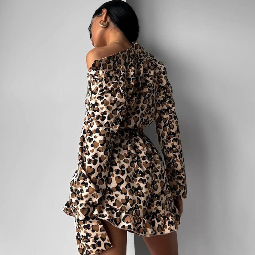 Fall Thin Type Leopard Print Home Wear Women Long Sleeve Spaghetti Strap Ruffle Shorts Three Piece Suit Skin Friendly Breathable