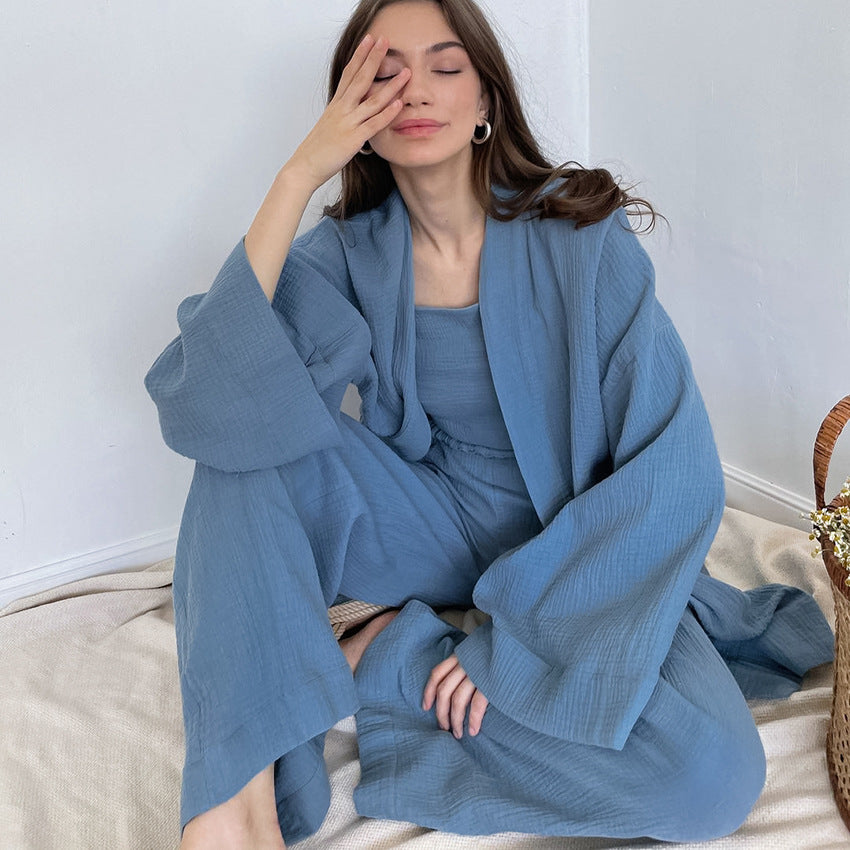 Fall French Loose Nightgown Trousers Double Layer Gauze Women Pajamas Solid Color Cotton Absorbent Moisture Wicking Clothing