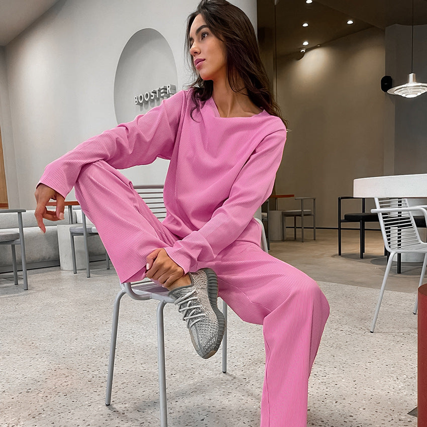 Autumn Pink Knitted Sunken Stripe Pajamas Two Piece Set Casual Comfortable Breathable Ladies Homewear