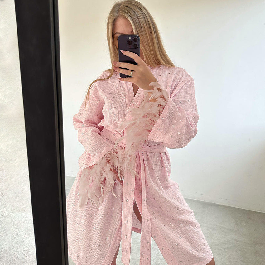 Autumn Warm Pink Cotton Pajamas Rhinestone Long Sleeve Feather Stitching Nightgown Home Wear Women Casual