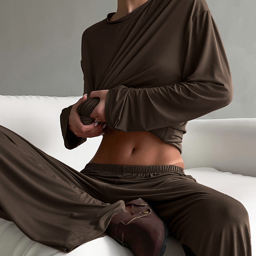 Autumn Knitted round Neck Loose Casual Soft Breathable Pajamas Suit Long Sleeve Trousers Women Homewear