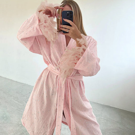 Autumn Warm Pink Cotton Pajamas Rhinestone Long Sleeve Feather Stitching Nightgown Home Wear Women Casual