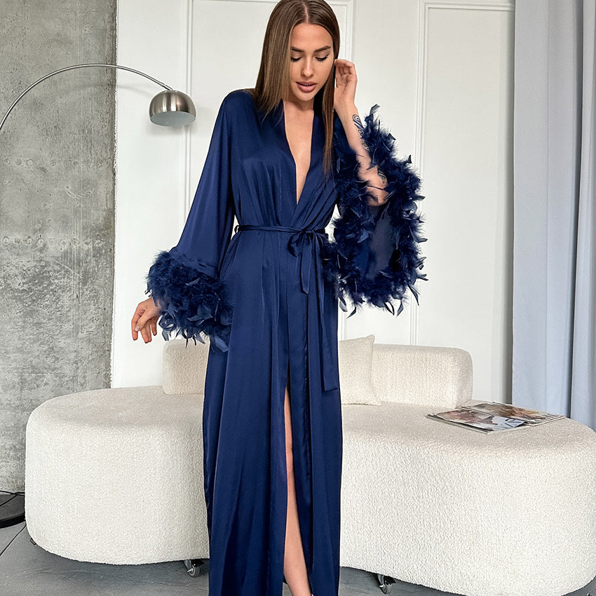 Autumn Satin Cardigan Loose Long Sleeve Nightgown Women Comfortable High End Feather Sleeve Home Wear