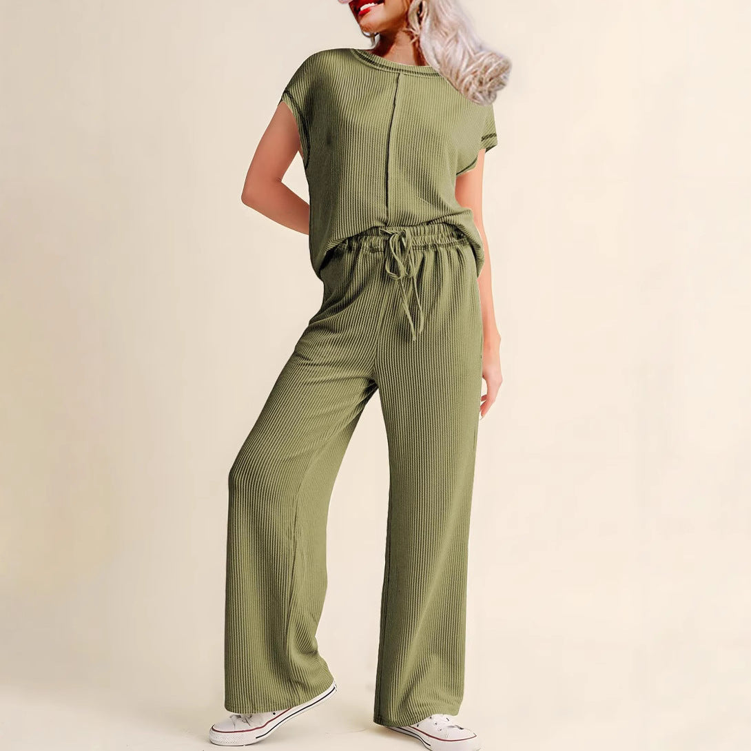 Spring Summer Casual Women Three Quarter Sleeve Rope Solid Color Office Trousers Set Women