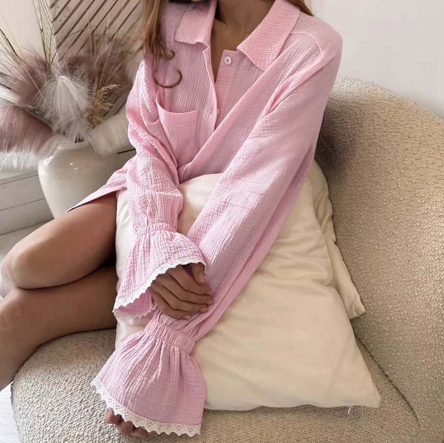 Spring Crepe Ruffled Pajamas Long Sleeve Shorts Two Piece Shirt Solid Color Homewear Women