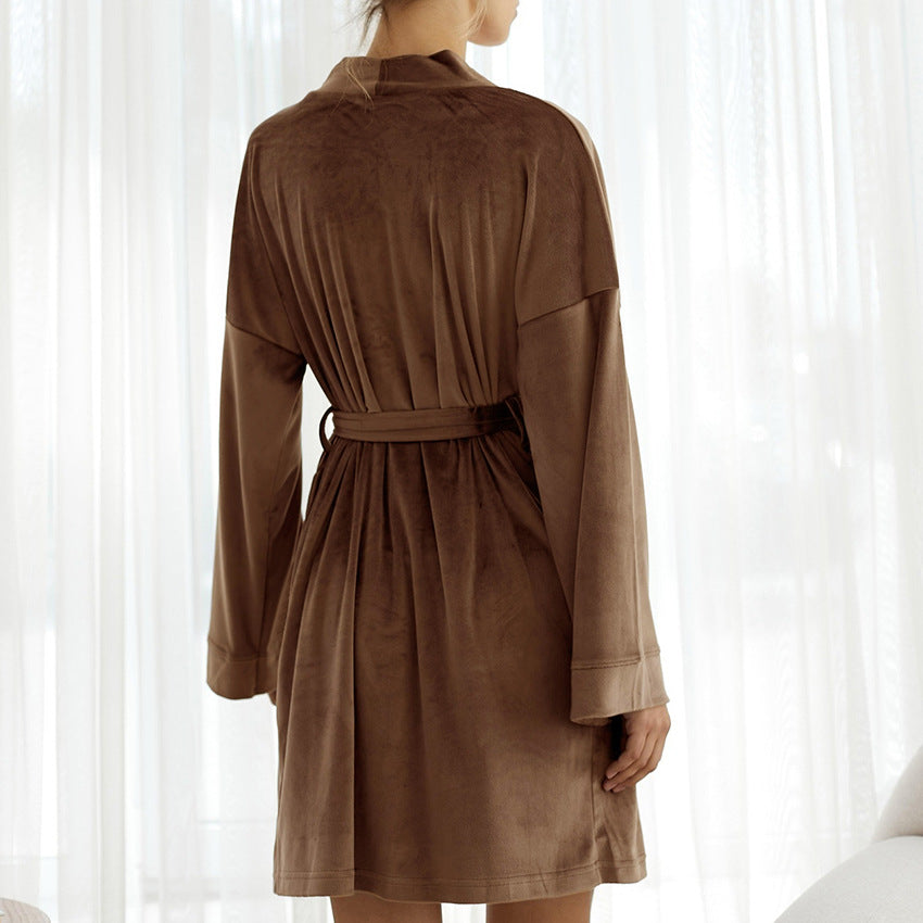 Autumn Brown Long Sleeve Knotted Short Nightgown Women Loose Comfortable Home Wear