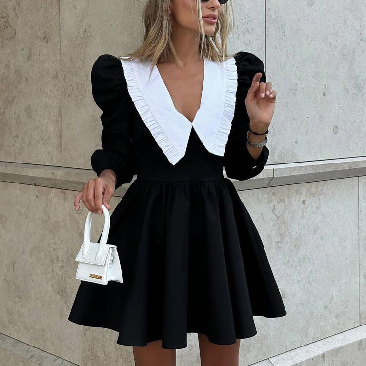 Spring Autumn French Black White Contrast Color Doll Collar Short Dress Women Elegant Pleated A line Dress