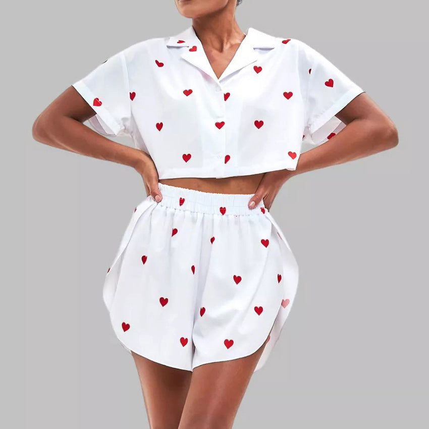 Spring Cardigan Artificial Silk Heart Printing Pajamas Two Piece White Short Sleeved Shorts Women Home Wear