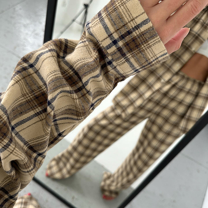 Autumn Loose Cardigan Plaid Home Wear Comfortable Casual Long Sleeve Pants Pajamas Women