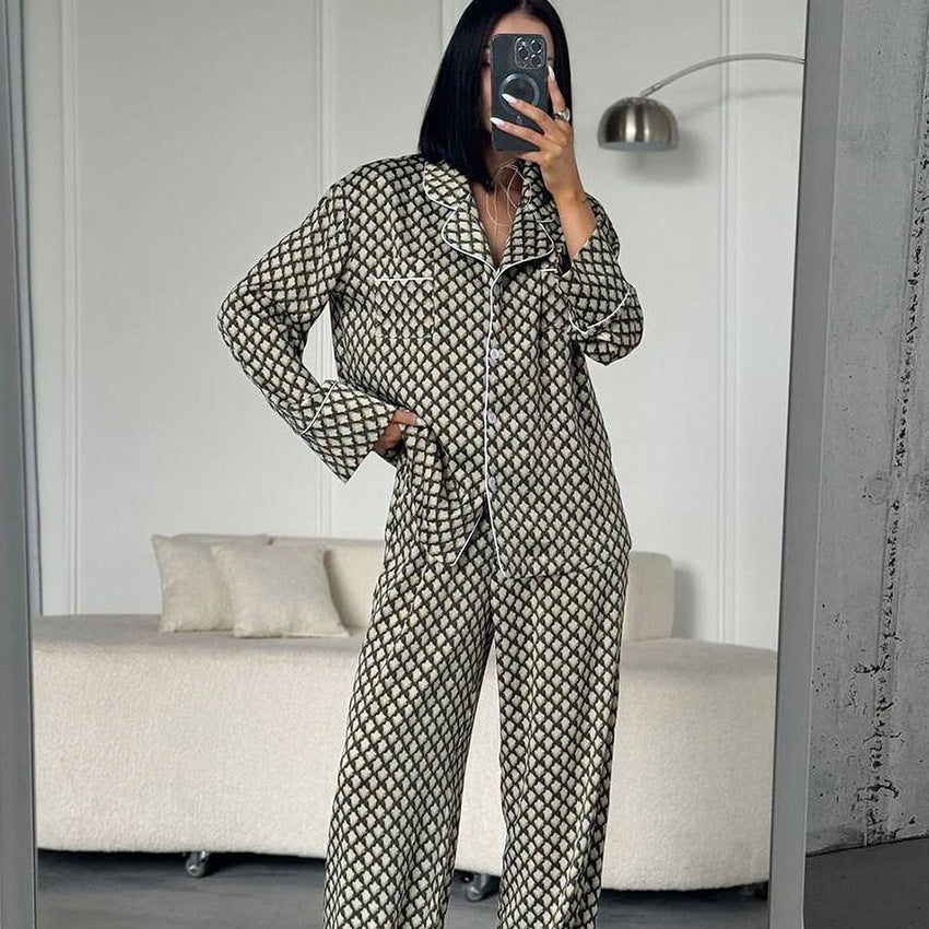 Autumn Autumn Warm Plaid Long Sleeved Trousers Two Piece Set High Sense Imitated Silk Pajamas Women