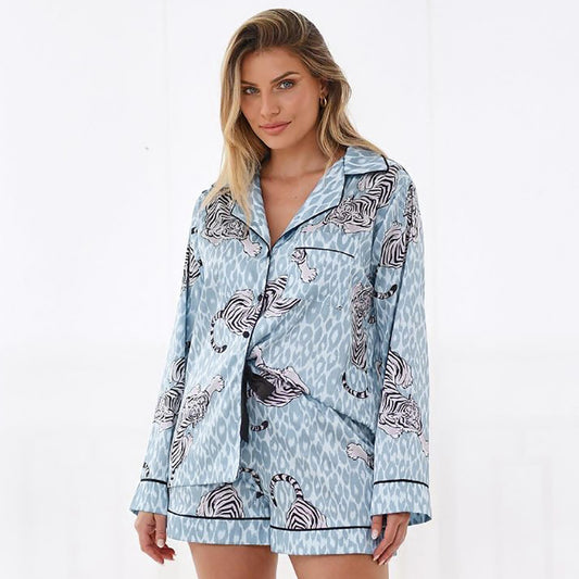 Summer Satin Printed Long Sleeve Shorts Home Wear Loose Casual Cardigan Pajamas Women Can