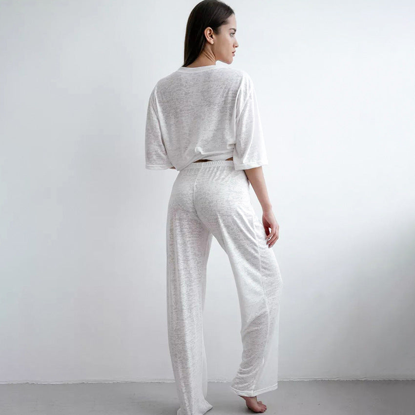 Summer See Through Knitted Half Sleeve Trousers Loose Two Piece Suit Home Wear Women Breathable Soft