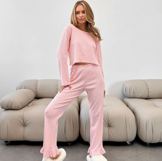 Pajamas Jacquard Breathable Long Sleeves Trousers Ruffled Two Piece Sets Home Wear Women