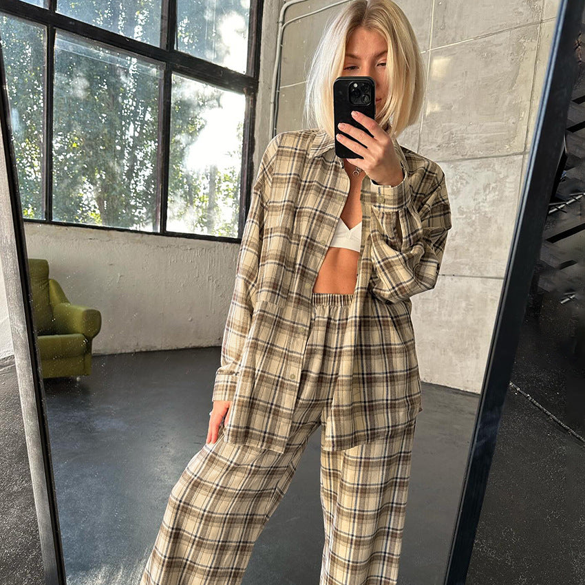 Autumn Loose Cardigan Plaid Home Wear Comfortable Casual Long Sleeve Pants Pajamas Women